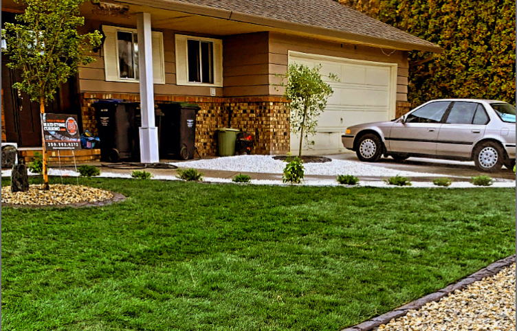 View of a residential homes front yard looking towards their house with a car parked outside